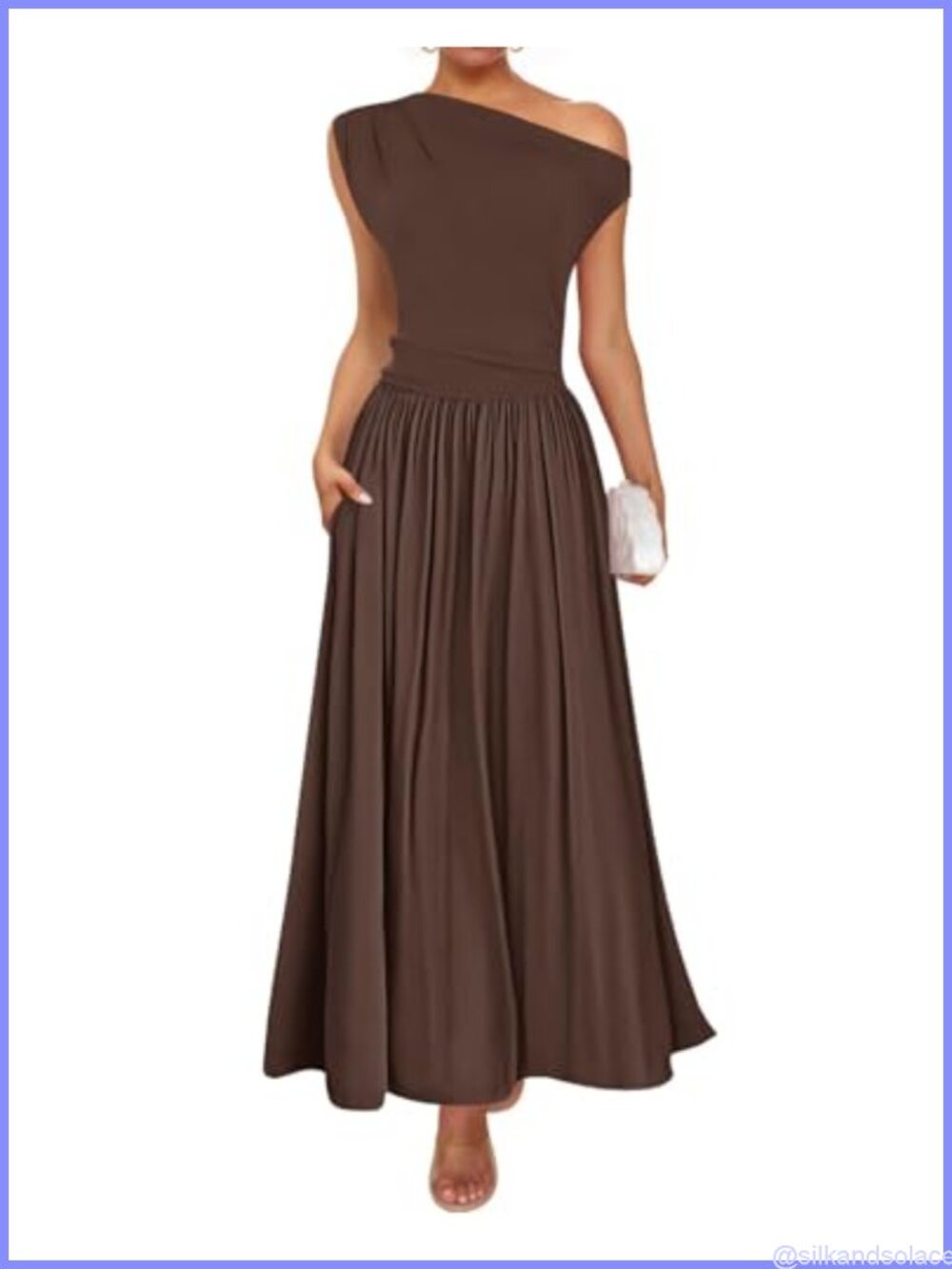 Womens Sleeveless One Shoulder Maxi Dress with Pockets A-Line